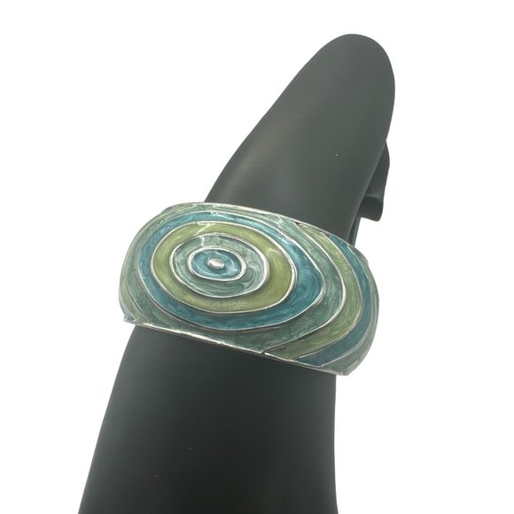 Bracelet Enamel Clamper Cloisonne Look Green Turquoise 3 in Diam. - Picture 2 of 5